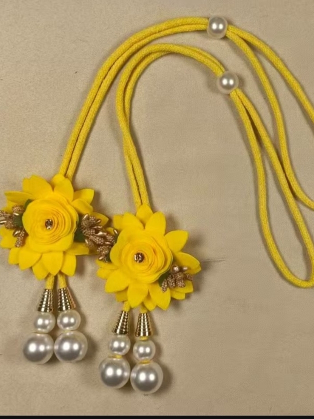 Yellow Floral Pearl Drop Tiebacks For Curtains.